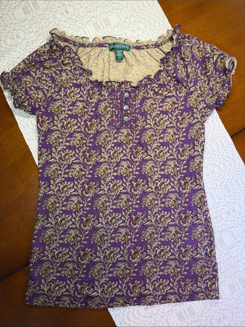 RL Purple and Gold Paisley Scoop-Neck Short Sleeve Top